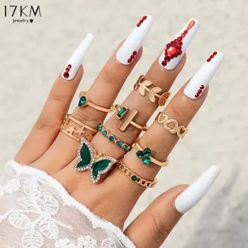17KM 9pcs Butterfly Ring Set, Geometric Star Animal Zircon Imitation Gemstone Ring Set, Suitable for Wearing Sweaters In Autumn and Winter