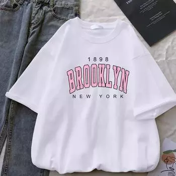 1898 Brooklyn Женская футболка с принтом в стиле Харадзюку в стиле Нью-Йорк, повседневная базовая черная рубашка с круглым воротником, женские футболки с коротким рукавом S