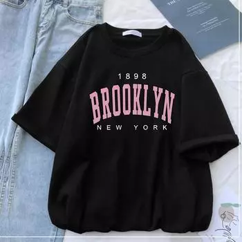 1898 Brooklyn Женский Нью-Йорк Harajuku Топ с принтом женская футболка повседневная базовая черная рубашка с круглым вырезом с коротким рукавом женские футболки L