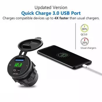18W QC3.0 Car Charger Socket with Voltage Quick Charge 3.0 Power Outlet with ON-OFF Switch for 12V/24V Motorcycle Truck Boat