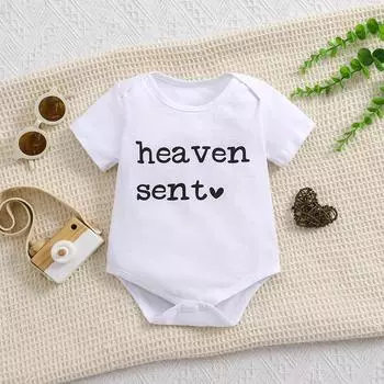 1-18 месяцев новорожденный ребенок с принтом «Heaven Sent» хлопковый боди милый белый комбинезон с короткими рукавами комбинезон 1-3M