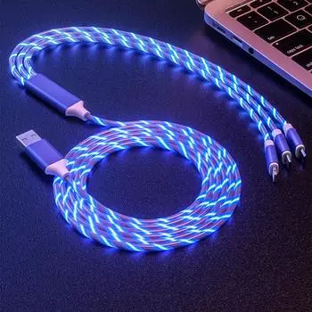 1,2 м 3 в 1 USB-кабель для зарядного устройства для мобильного телефона Micro USB Type C Зарядный кабель для iPhone Зарядный светящийся светодиодный светящийся шнур для передачи данных 1.2m синий