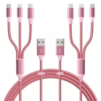 1,2 м 4 фута 3 в 1 USB-кабель для зарядки с портом Type-C Micro USB IP, нейлоновый оплетенный сертифицированный MFi-кабель для зарядки iPhone 1.2m розовый