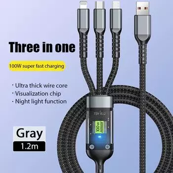 1,2 м кабель для зарядки 3 в 1 USB Type C шнур для зарядки 100 Вт многопортовый микрокабель для iPhone 15 14 Pro Max Samsung Galaxy Xiaomi 12