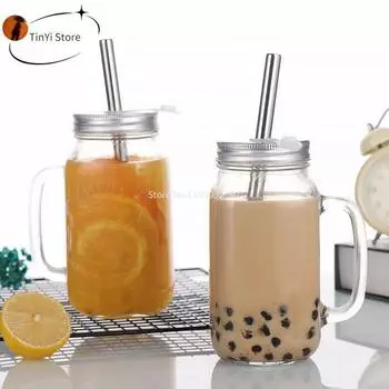 1/2 шт 450/650/750 мл кружки Mason Jar с ручками стеклянная бутылка для сока напиток прозрачная стеклянная бутылка для воды с крышкой соломинка посуда для напитков чашка 1PCS