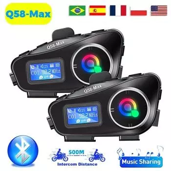 1/2 шт Q58-Max мотоциклетный шлем интерком Bluetooth гарнитура ЖК-дисплей 2 гонщика музыка поделиться с фонариком 500M интерфон