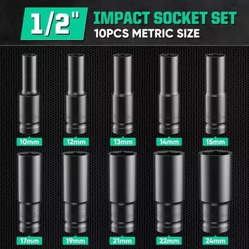 1/2Inch Drive 6-Point Impact Socket Set 10-Piece Metric Sizes 8-24m/10-24mm Carbon Steel Impact Socket Set with Hard Storage Box