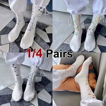 1/4 Pairs Inkjet Printed Neutral Knitted Socks Sweat Absorbing Breathable Soft Comfortable Street Style Couple Casual Socks One Size
