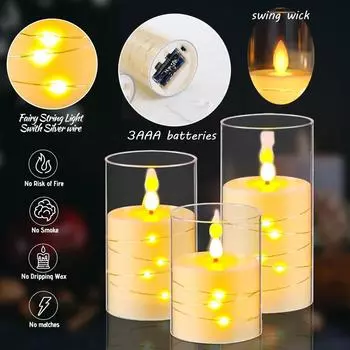 1-5 Pcs LED Flameless Electronic Candle Lights Recessed Flickering String Lamp Clear Acrylic Battery Powered for Christmas Party 1pcs