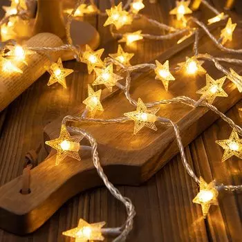 1.5m/3m/6m LED Star String Lights Christmas Garland Battery box Powered Wedding Party Curtain string Fairy Lamps For Home decor 1.5m 10bulbs&None