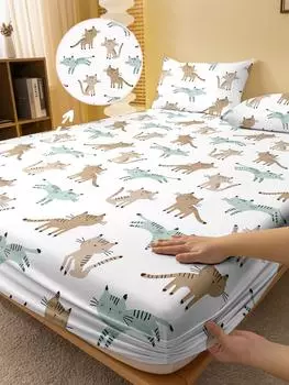 1 Cartoon Cute Animal Cat Printed Matte Fitted Sheet, Bedroom Printed Bed Cover, Bedding (Excluding Pillowcases) 71x132cm