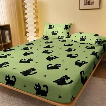 1 Cartoon Cute Animal Cat Printed Matte Fitted Sheet, Bedroom Printed Bed Cover, Bedding (Excluding Pillowcases) 71x132cm