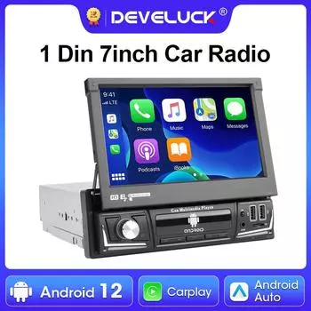 1 Din 7 Универсальный автомобильный радиоприемник Выдвижной сенсорный экран Android 12 Мультимедийный видеоплеер Навигация GPS 4G Беспроводной Carplay Auto