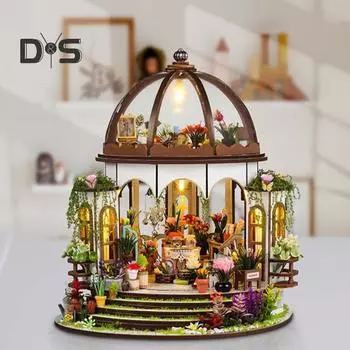 1 комплект DIY Mini Greenhouse Kit со светодиодной подсветкой Мебель для детей и взрослых, ручная работа Деревянный крошечный садовый домик Строительная модель Кукольный домик Украшения оранжевый