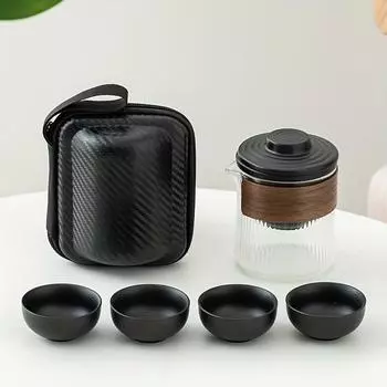 1 комплект, дорожный чайный сервиз, керамическая экспресс-чашка, портативный дорожный чайный сервиз, один горшок, четыре чашки, уличный автомобиль, простой и портативный вспенивающийся Black Pottery