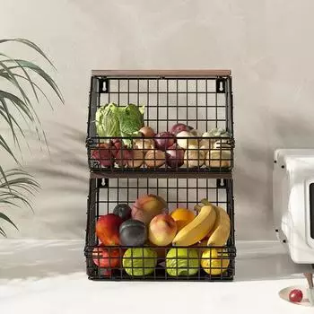 1 комплект корзины для хранения фруктов, утолщенный металл, складная с верхней полкой и крючками, настенная столешница, кухонный органайзер для овощей, держатель для специй чёрный