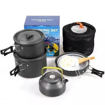 1 комплект уличных кастрюль, сковородок, посуда для кемпинга, пикника, набор для приготовления пищи, антипригарная посуда со складной ложкой, вилкой, ножом, чашкой для чайника 1 Set