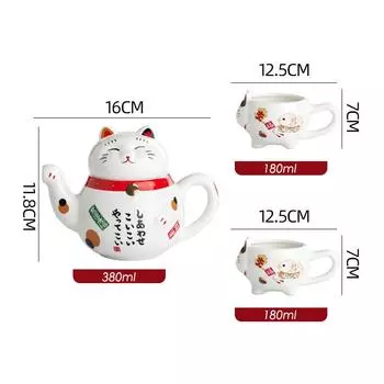 1 набор керамической посуды Maneki Neko Lucky Cat, 1 чайник и 2 чашки, подарочная коробка, фарфоровый чайник с ситечком Three-piece Set зелёный