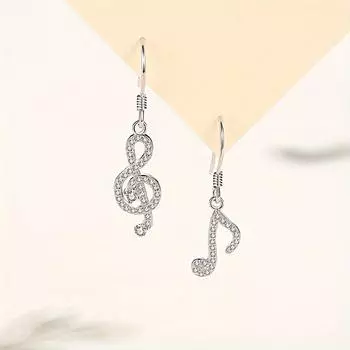1 Pair Music Note Asymmetrical Earrings For Women, Blingbling Rhinestone Studded, Fashionable Party Style, Dangling Hook Earwear серебряный