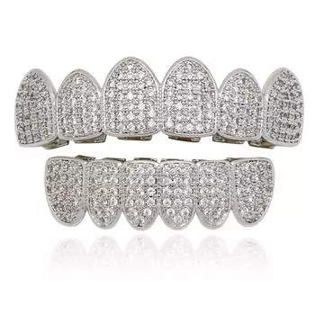 1 pair of silver teeth pads with cubic zirconia glitter, for upper and lower jaw