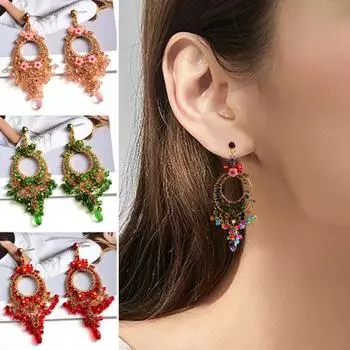 1 пара висячих сережек с великолепной кисточкой из бисера, цветка, богемного цвета, с разноцветными стразами в виде капель