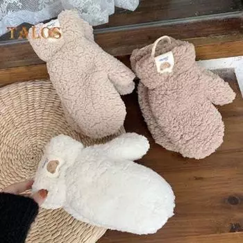 1 пара зимних варежек для езды на велосипеде с ремешком на шее, утолщенные плюшевые, с рисунком медведя из мультфильма, ветрозащитные, трикотажные, нескользящие, для холодной погоды, для вождения и гольфа хаки