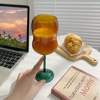 1 Piece Creative Glass Goblet Ins Style Two Tone Amber Teal Pink Yellow Colored Lovely Wine Champagne Glasses Cup 301-400ml