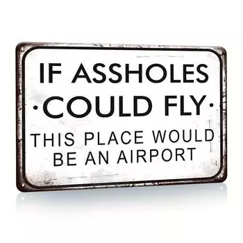 1 Piece Funny Decor Sarcastic Bar Metal Tin Sign Garage Sign Man Sign Humor Office Wall Decor If Assholes Could Fly чёрный