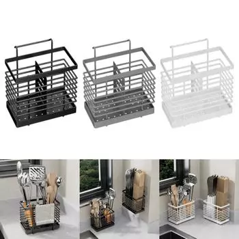 1-Piece Kitchen Utensil Rack-Multifunctional Draining Chopstick Holder Wall-Mounted Or Freestanding Cutlery Storage Box Plastic чёрный