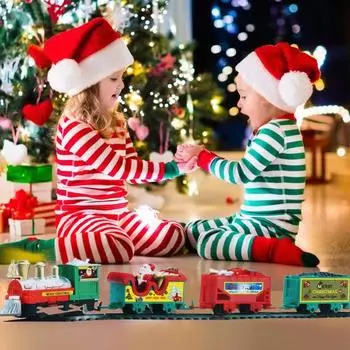 1 Set Christmas Electric Track Train Toy with Locomotive Carriages Track Educational Christmas Classical Train Toy with Light Sound Holiday Gift B