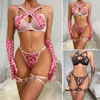 1 Set Women Underwear Set Includes Gloves And Thigh Rings Chain Decor Heart Print G-string Hollow Out Adjustable Cross Strap Night Intimate Clothes S