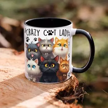 1 шт. 11 унций Crazy Cat Lady белая керамическая кофейная кружка чайная чашка посудомоечная машина микроволновая печь подарок на день рождения праздничные кружки кофейные чашки 301-400ml чёрный