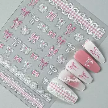1 шт. 5D рельефные наклейки для ногтей Kawaii Lace Series, розовые наклейки с бантом и сердечками для украшения ногтей, самоклеящиеся маникюрные аксессуары Diy B