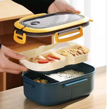1 шт. Bento Box Ланч-бокс Двухслойный Ланч-бокс с ложкой-вилкой Контейнеры для еды большой емкости Герметичный Экологичный Ланч-бокс с разделением для микроволновой печи синий