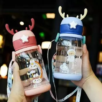 1 шт. Детская соломенная кружка для воды с изображением рогов оленя, большая емкость, пластиковый стаканчик для лета, детского сада, ребенка, ученика, большой животик 0.6L