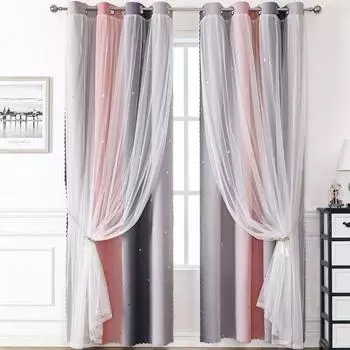 1 шт. Двухслойные шторы Rainbow Fade с цветом Morandi, светонепроницаемые шторы с тканью и прозрачной тканью 100X130CM 1PC&Grommet Top розовый зеленый
