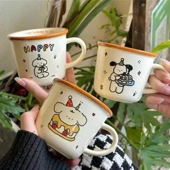 1 шт. Ins милая керамическая кружка с изображением счастливого медведя Kawaii, белая мультяшная кофейная кружка с изображением щенка, модная винтажная чашка для послеобеденного чая, подарок для пары 350ml