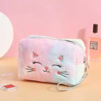 1 шт. косметичка с мехом кота для женщин плюшевая косметичка для девочек женский косметический чехол дорожный портативный косметичка для туалетных принадлежностей сумка