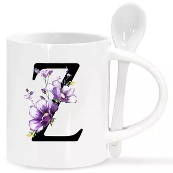 1 шт., кружки для кофе Letter Flower AZ для офиса и дома, подарки на день рождения для женщин, праздничный подарок, керамическая кружка для кофе на 11 унций с ложкой 11OZ