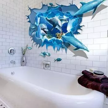 1 шт. Новый аквариум синий 3D дельфины трещина стикер стены дети наклейка виниловая роспись дома арт-деко
