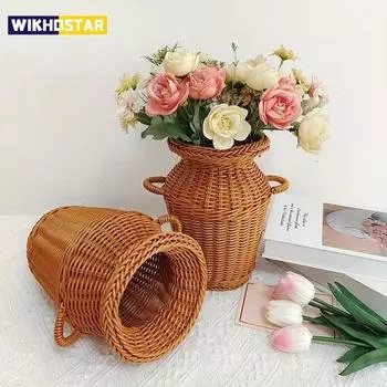 1 шт. Плетеная корзина для цветов из ротанга в классическом стиле, прочная и моющаяся, китайская ретро-цветочная композиция, практичные украшения для дома Medium