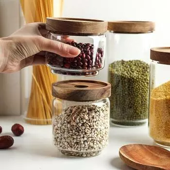 1 шт. стеклянная банка для хранения на кухне с деревянной крышкой, банка для хранения продуктов из боросиликатного стекла, банка для сахара, специй, стеклянная канистра, контейнер для хранения продуктов