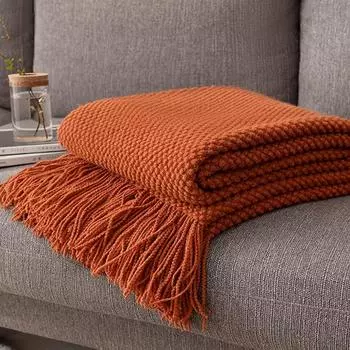 1 шт. вязаное одеяло Morandi Orange Tassel, мягкое теплое одеяло с ворсом для дивана, кемпинга, путешествий 127x220cm