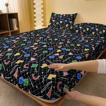 1 Simple Modern Geometry Printed Matte Fitted Sheet, Bedroom Printed Bed Cover, Bedding (Excluding Pillowcases) 71x132cm