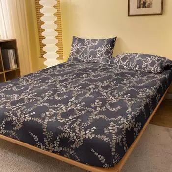 1 Simple Modern Plant Flower Leaf Printed Matte Fitted Sheet, Bedroom Printed Bed Cover, Bedding (Excluding Pillowcases) 71x132cm