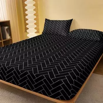 1 Simple Modern Rectangular Geometry Printed Matte Fitted Sheet, Bedroom Printed Bed Cover, Bedding (Excluding Pillowcases) 71x132cm