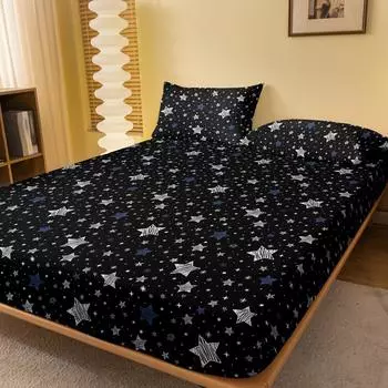 1 Simple Modern Stars Printed Matte Fitted Sheet, Bedroom Printed Bed Cover, Bedding (Excluding Pillowcases) 71x132cm