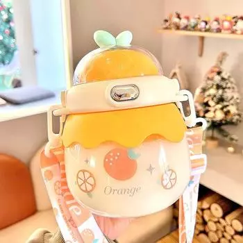 1L Straw Drink Cup Cute Fruit Cartoon Kettle Travel Portable Plastic Tumbler Kawaii Kids Summer Mug Sport Water Bottle For Girls 1L
