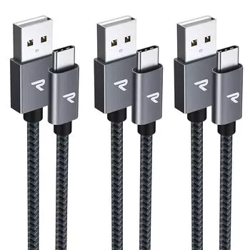 [1м+2м+2м 3 шт./черный] Кабель RAMPOW usb c тип c для быстрой зарядки QuickCharge3.0, совместимый с USB2.0, стандартный кабель для зарядки iPhone16/iPhone15