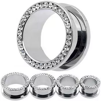 1Pair Rhinestone Stainless Piercing Ear Tunnels Plugs Gauges Ear Stretching Kits ARI 6